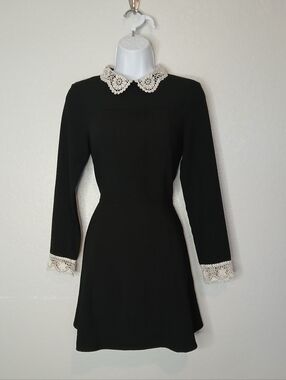 H&M Divided Black Mini Dress Cream Crochet Lace Peter Pan Collar and Cuffs